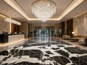 grand antique marble hotel lobby floor with dramatic black and white stone pattern