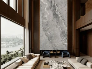 grey bruce marble double height feature wall with silver grey layered veining