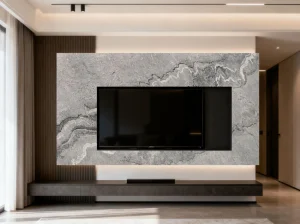 grey bruce marble media wall panel with light grey layered movement and white wavy veins