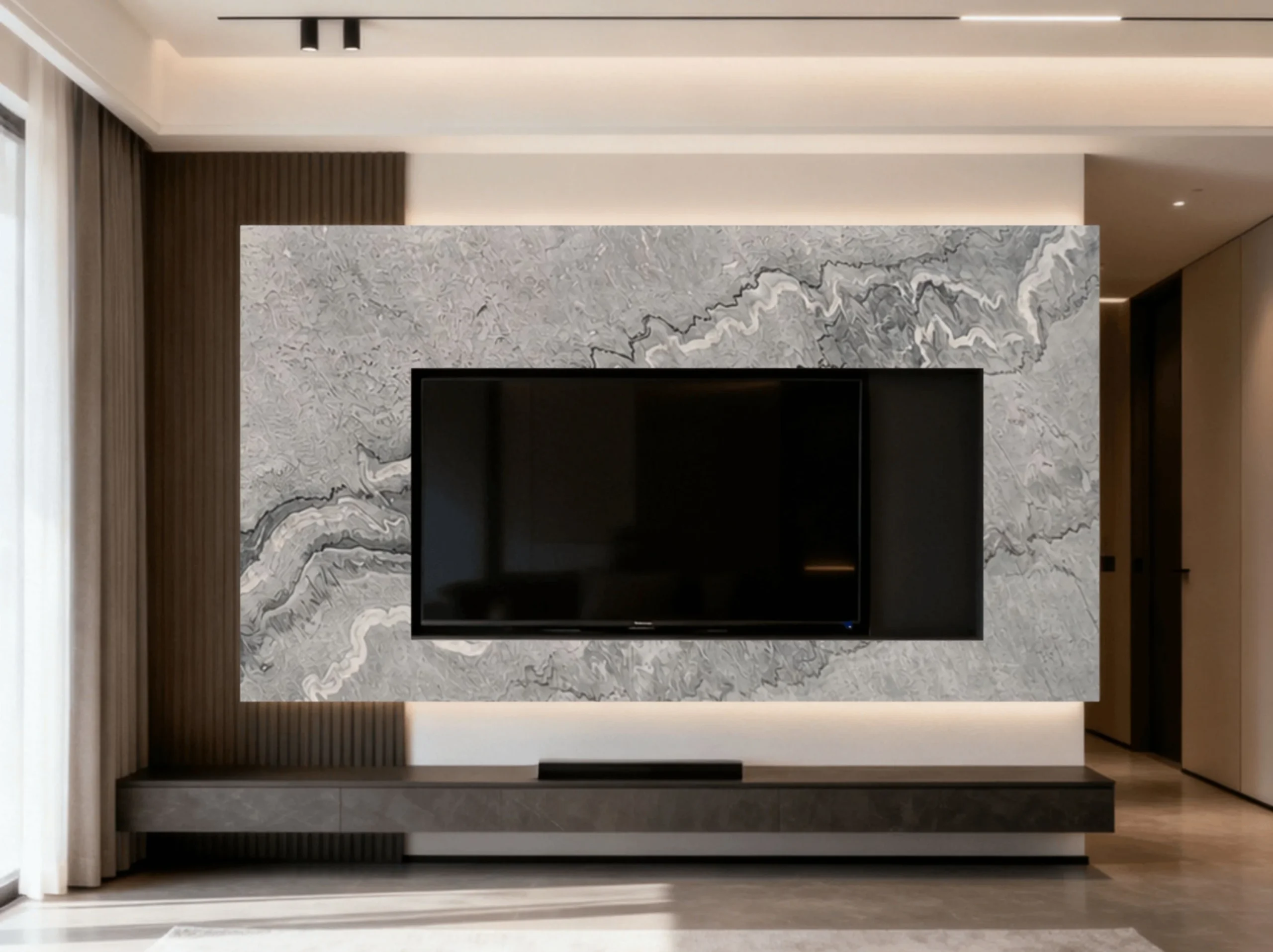 grey-bruce-marble-media-wall-panel-02.webp grey bruce marble media wall panel with light grey layered movement and white wavy veins