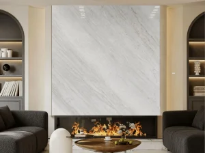 Guangxi White Marble fireplace wall with soft grey diagonal veining