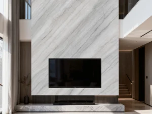 Guangxi White Marble TV feature wall in a modern living room