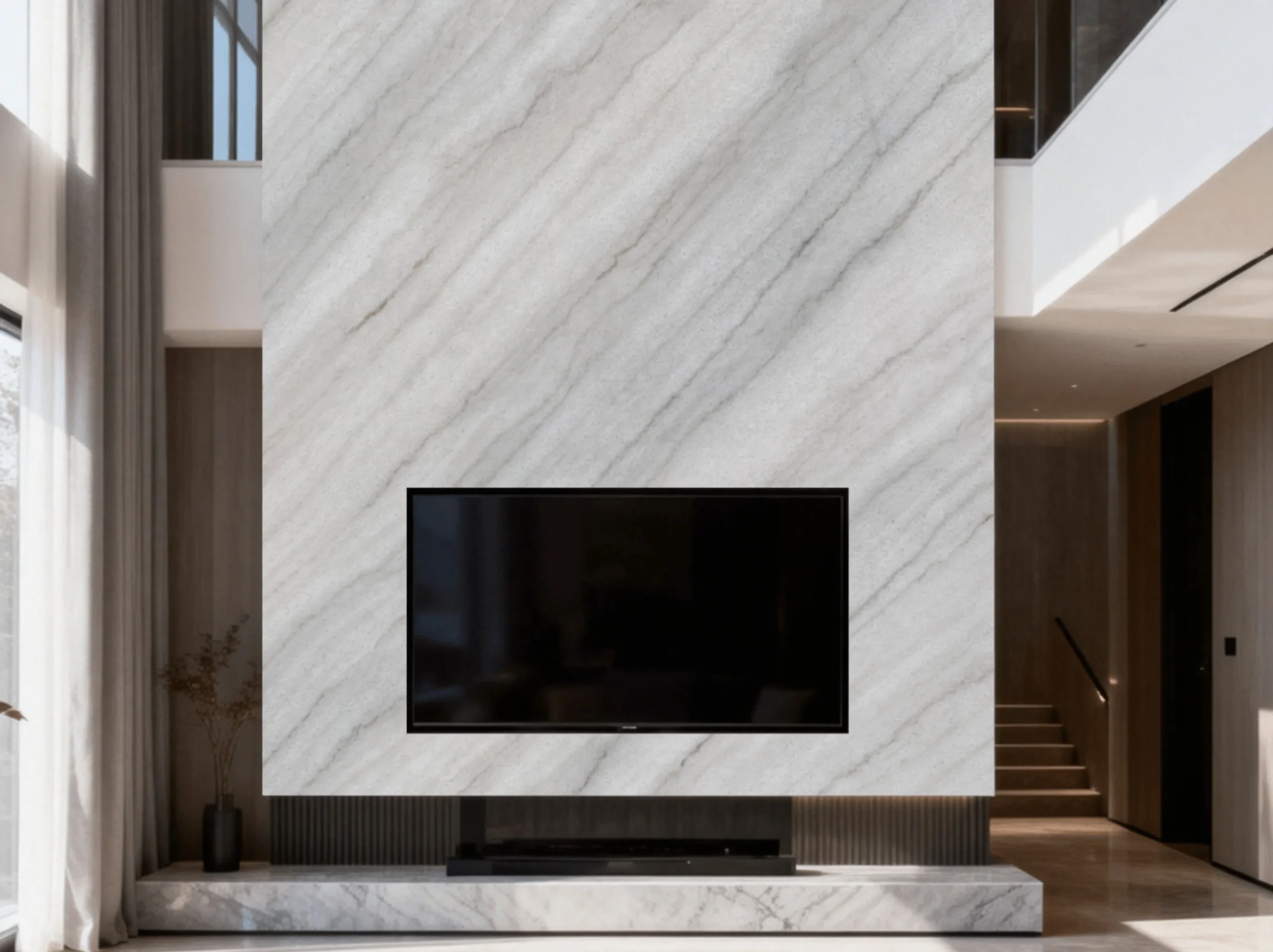 guangxi-white-marble-tv-feature-wall.webp Guangxi White Marble TV feature wall in a modern living room