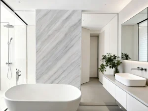 Guanxi Carrara White Marble bathroom partition wall beside a freestanding bathtub