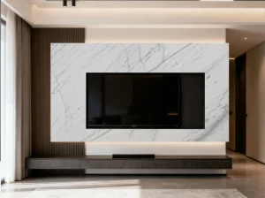 Guanxi Carrara White Marble TV feature wall in a modern living room