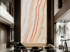 iran rainbow onyx double height feature wall with vertical orange cream and honey layered bands