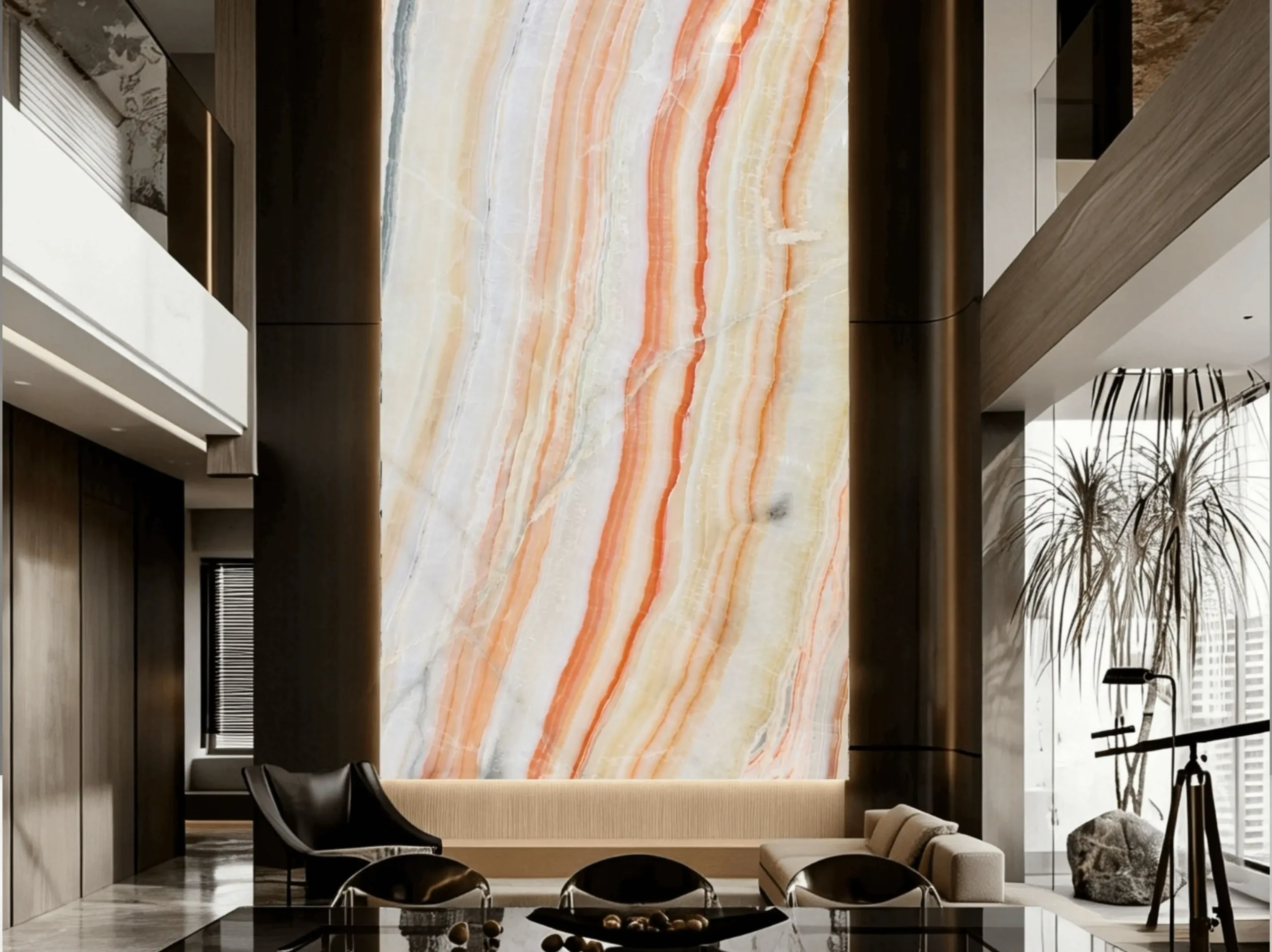 iran-rainbow-onyx-double-height-feature-wall-01.webp iran rainbow onyx double height feature wall with vertical orange cream and honey layered bands