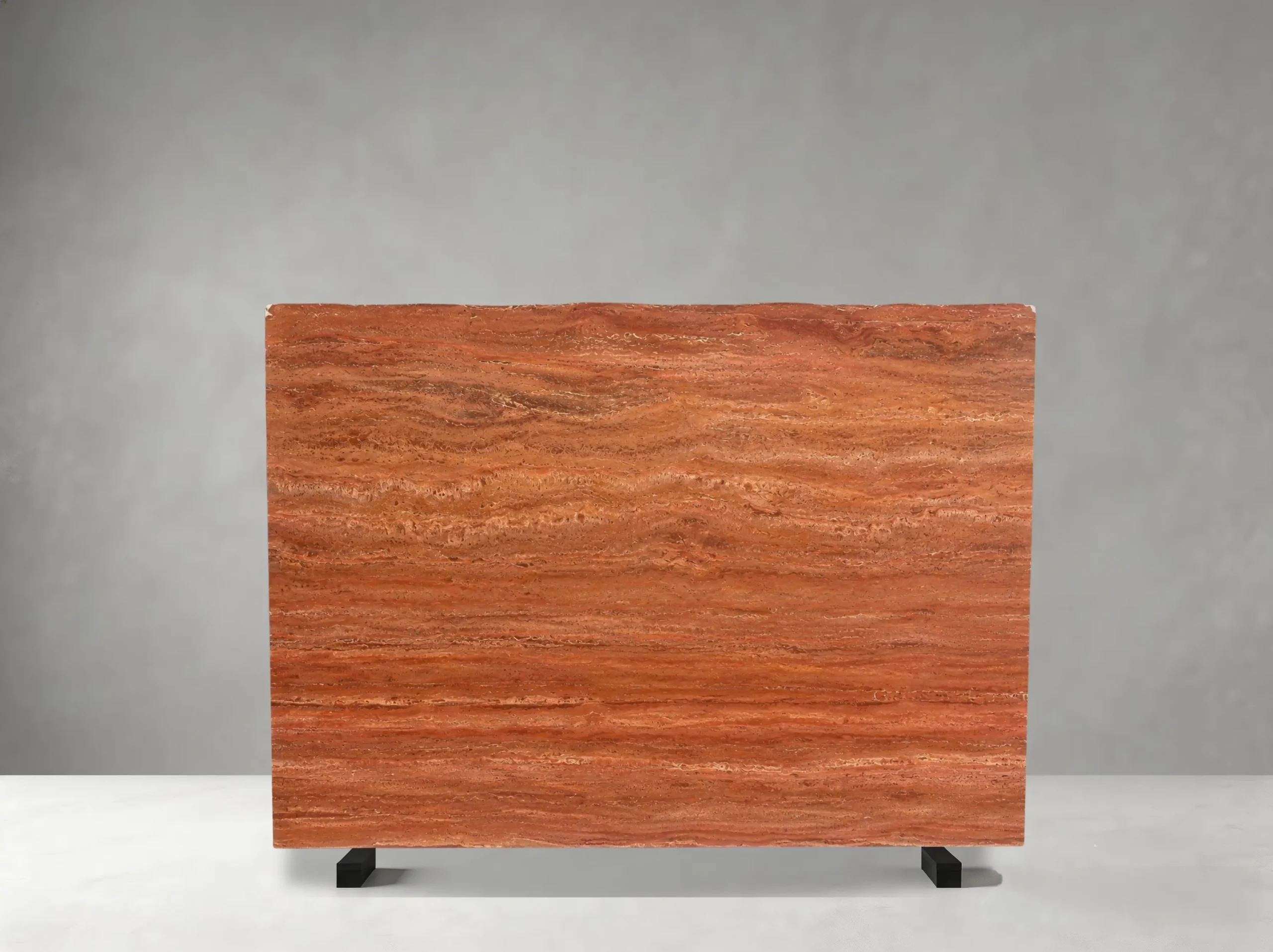 iran-red-travertine-polished-slab-01.jpg Polished Iran Red Travertine slab with horizontal terracotta bands