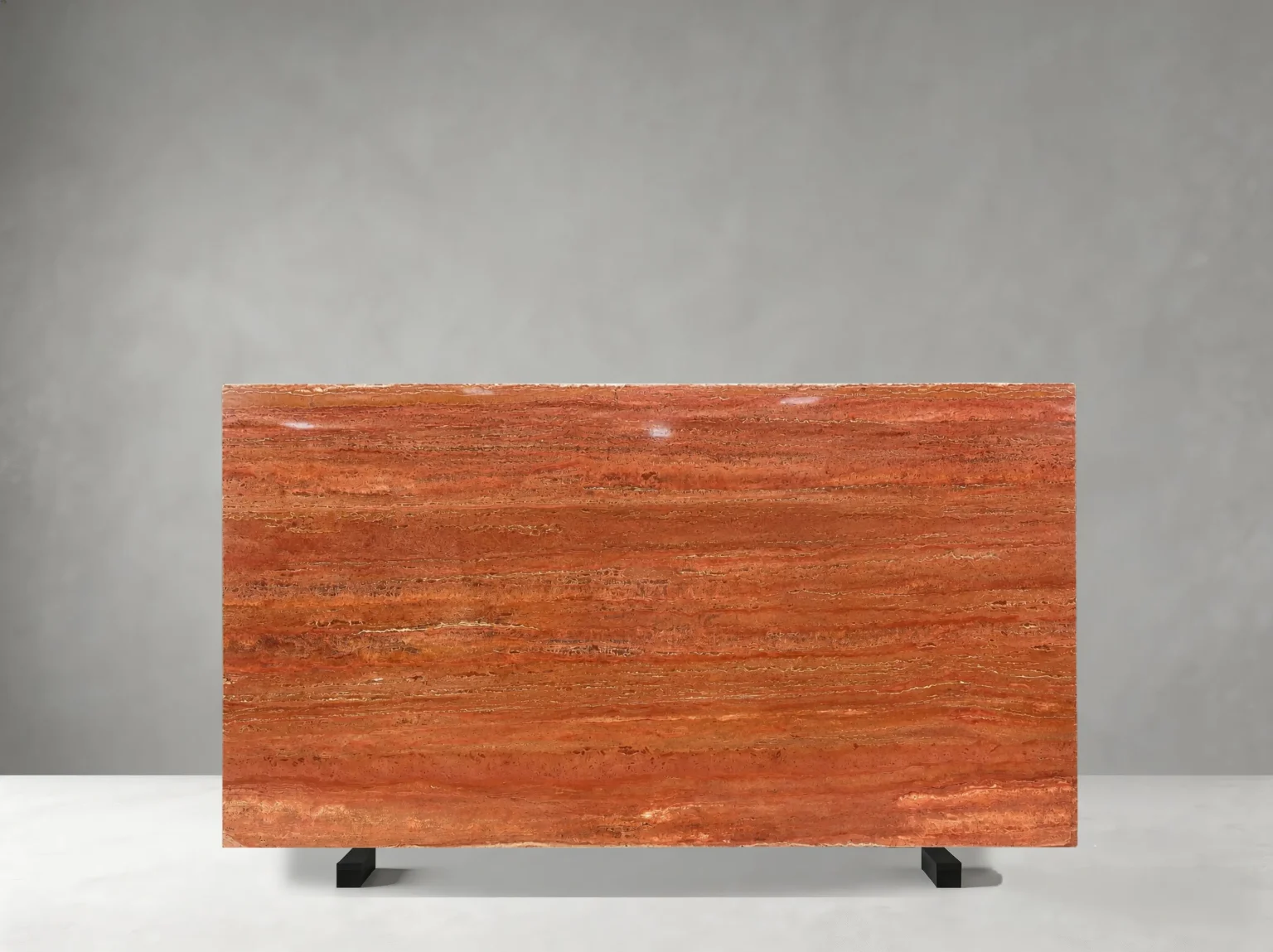 Iran Red Travertine slab with deep red layered linear texture