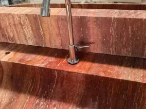 Iran Red Travertine vanity sink with layered red and cream bands