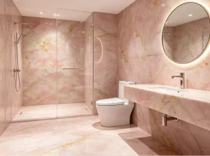 Iris Pink Onyx bathroom with matching wall panels, floor tiles, shower cladding, and vanity top