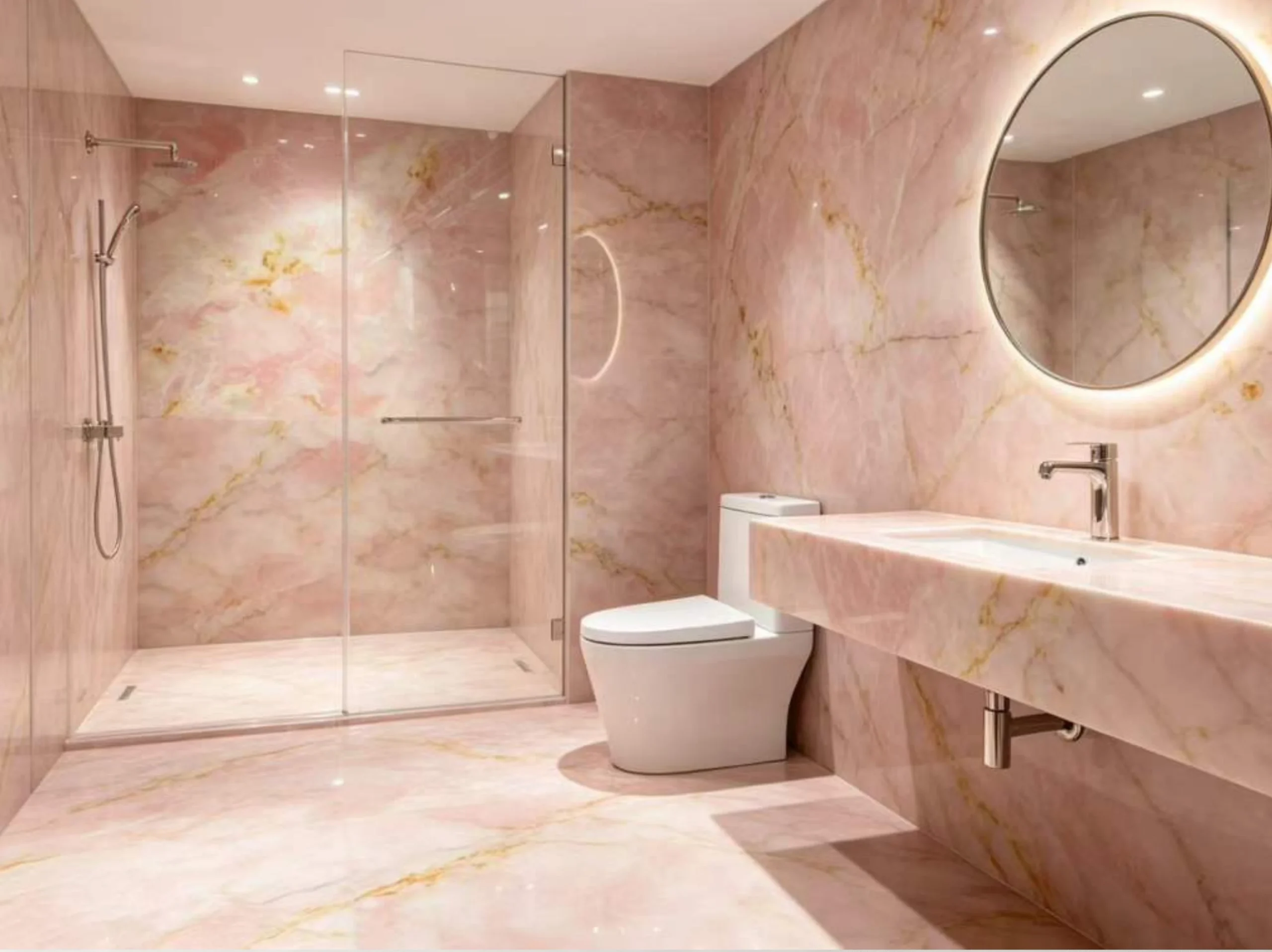 iris-pink-onyx-bathroom-wall-floor-application-02.webp Iris Pink Onyx bathroom with matching wall panels, floor tiles, shower cladding, and vanity top