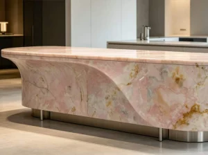 Custom Iris Pink Onyx kitchen island with curved stone panels and a polished top in a modern interior