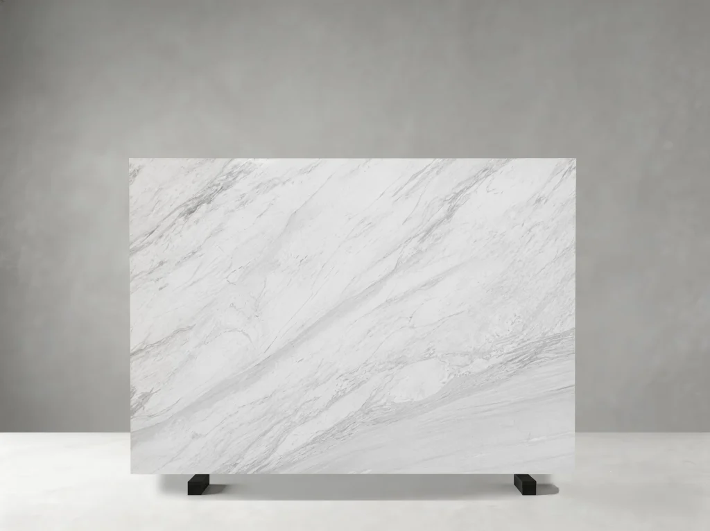 Jazz White Marble slab with prominent flowing grey veins on a white background