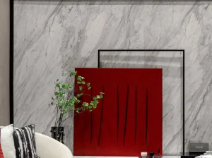 Jazz White Marble feature wall with flowing grey veining in a contemporary interior