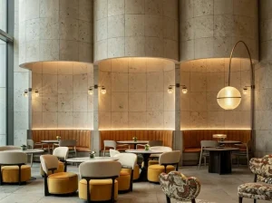 jura beige limestone cafe wall cladding with warm beige tile panels