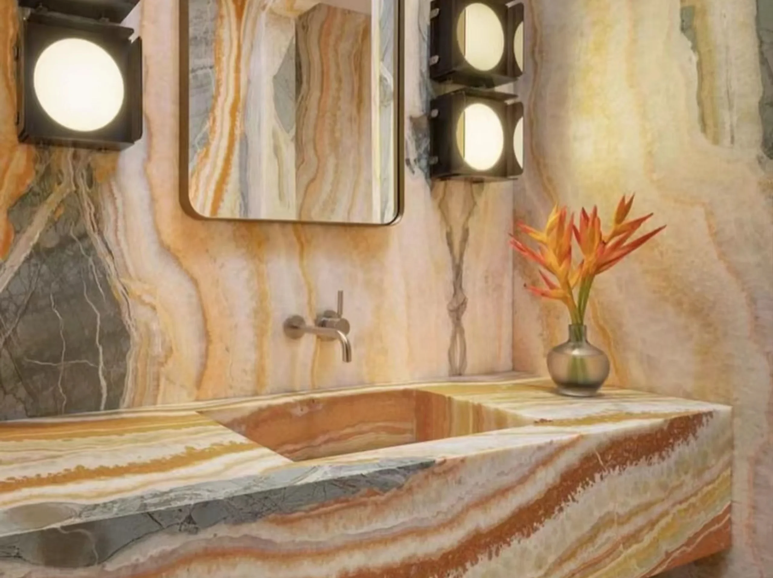 karaj-rainbow-onyx-bathroom-vanity-wall-01.webp karaj rainbow onyx bathroom vanity and wall cladding with cream orange grey and honey bands
