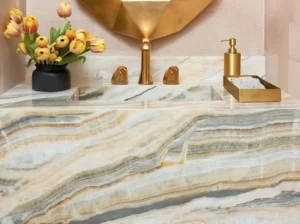 karaj rainbow onyx luxury vanity top with cream grey honey and orange layered veining