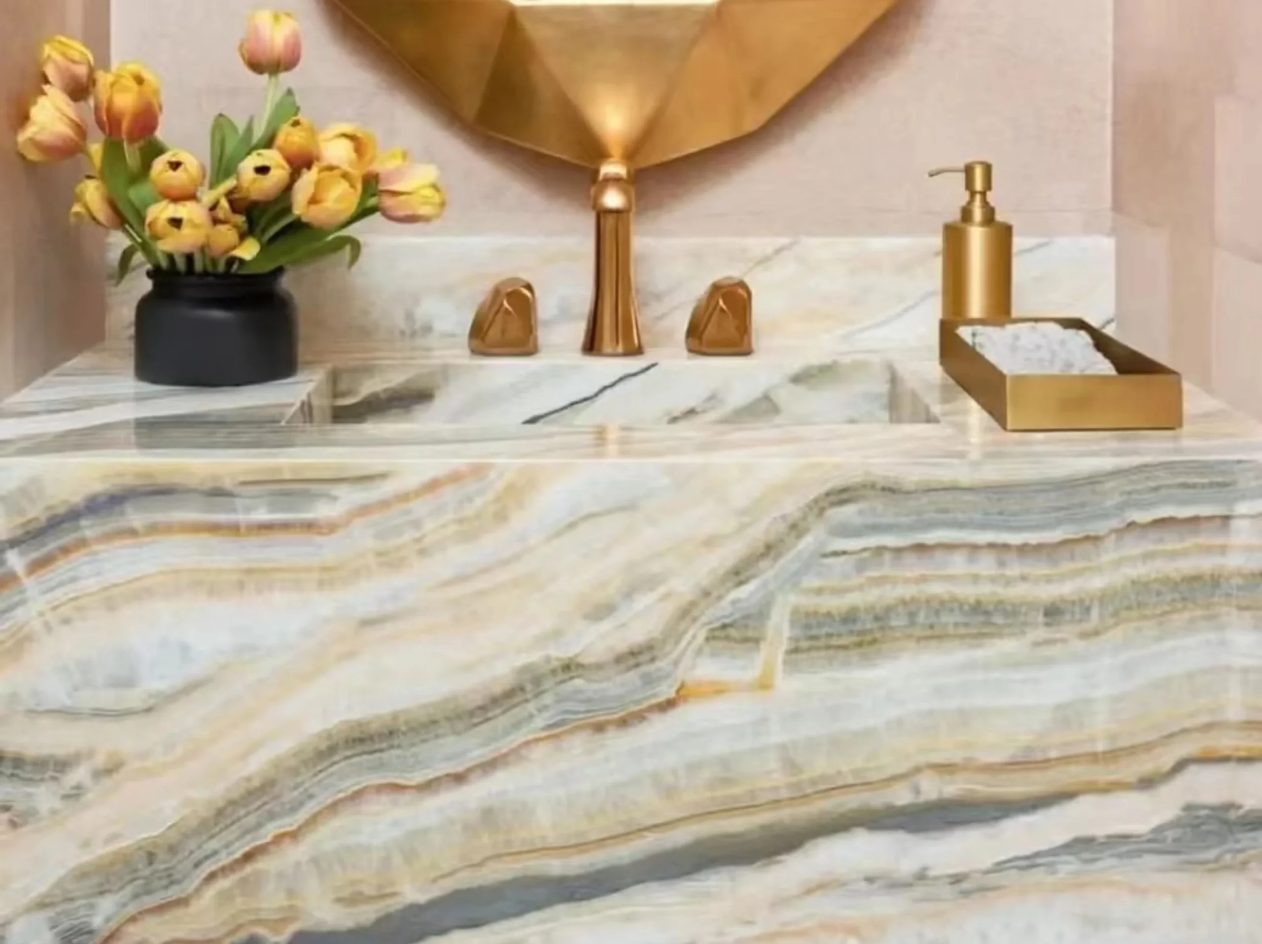 karaj-rainbow-onyx-luxury-vanity-top-03.webp karaj rainbow onyx luxury vanity top with cream grey honey and orange layered veining