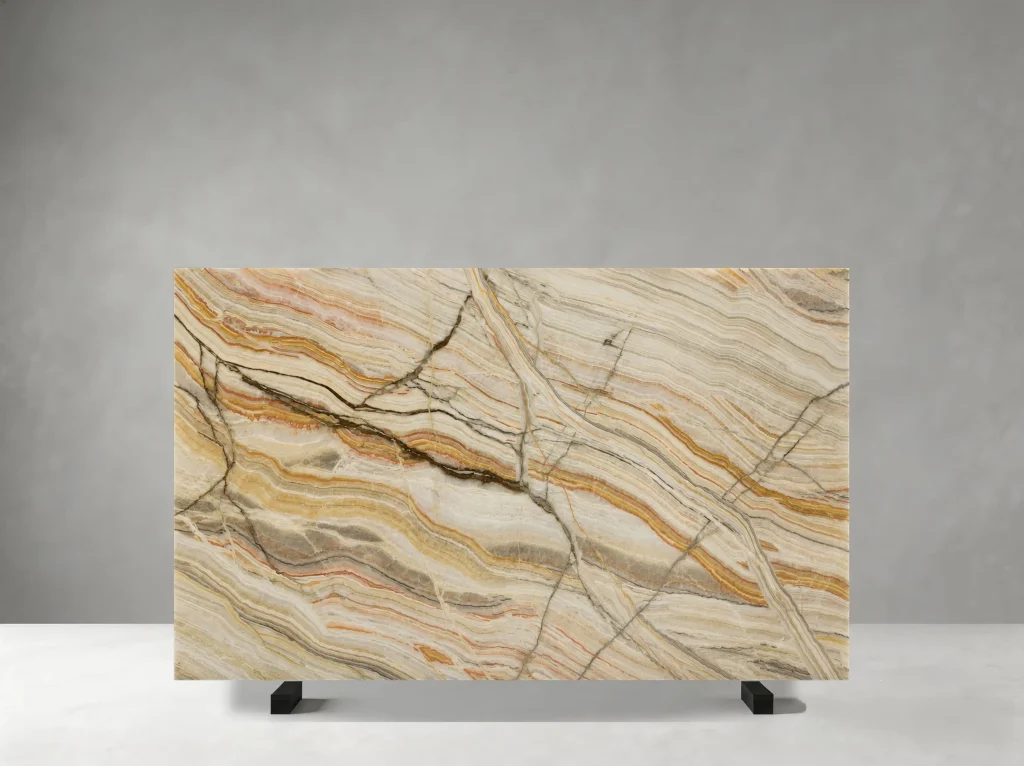 karaj rainbow onyx slab with cream ivory orange grey and fine layered mineral bands