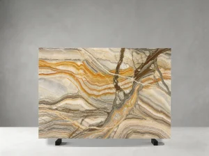 karaj rainbow onyx slab with golden orange cream grey brown and dramatic layered pattern