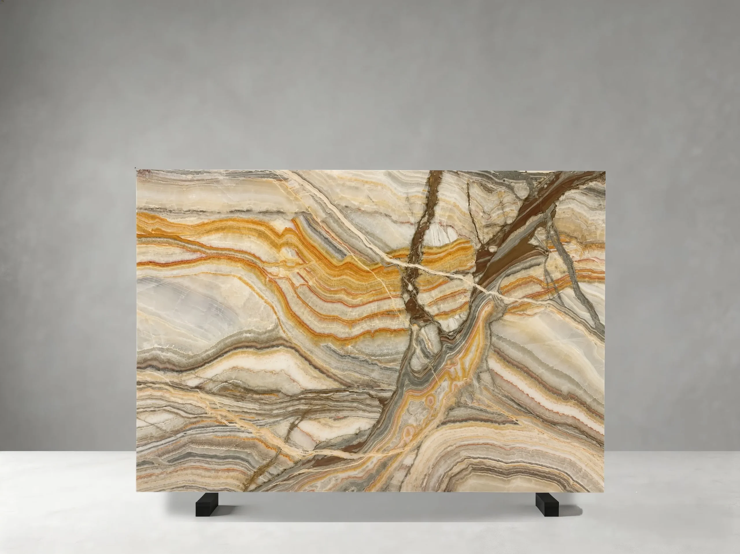 karaj-rainbow-onyx-slab-golden-orange-pattern-05.webp karaj rainbow onyx slab with golden orange cream grey brown and dramatic layered pattern