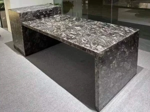 kozmus black granite custom stone worktable with dark grey and silver mineral pattern