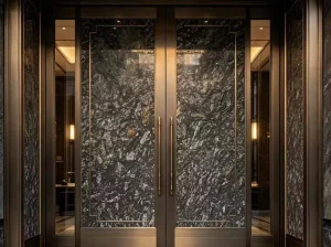 kozmus granite luxury entrance door panels with dark black grey mineral pattern
