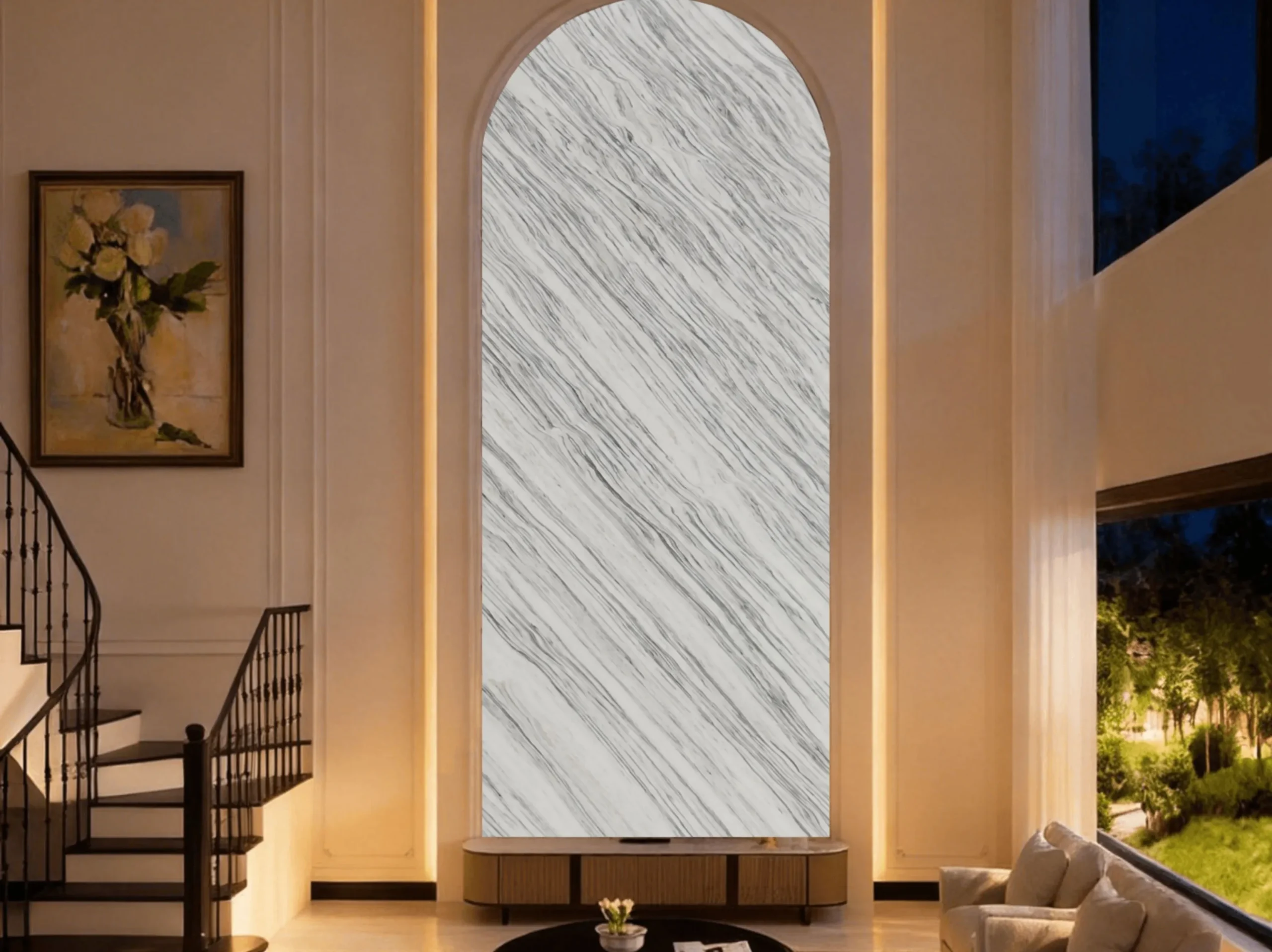 lasa-bianco-nuvolato-marble-arched-feature-wall.webp Lasa Bianco Nuvolato Marble arched feature wall in a double-height living room
