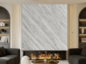 Lasa Bianco Nuvolato Marble fireplace feature wall in a luxury living room