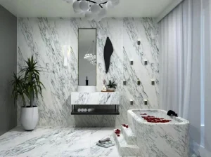 Lasa Bianco Nuvolato Marble luxury bathroom walls, floor and vanity