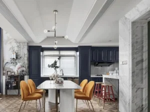 Macedonian White Marble dining table and kitchen surfaces in a modern interior