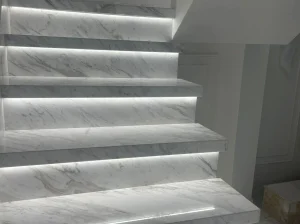 Macedonian White Marble LED staircase treads and risers with grey veining