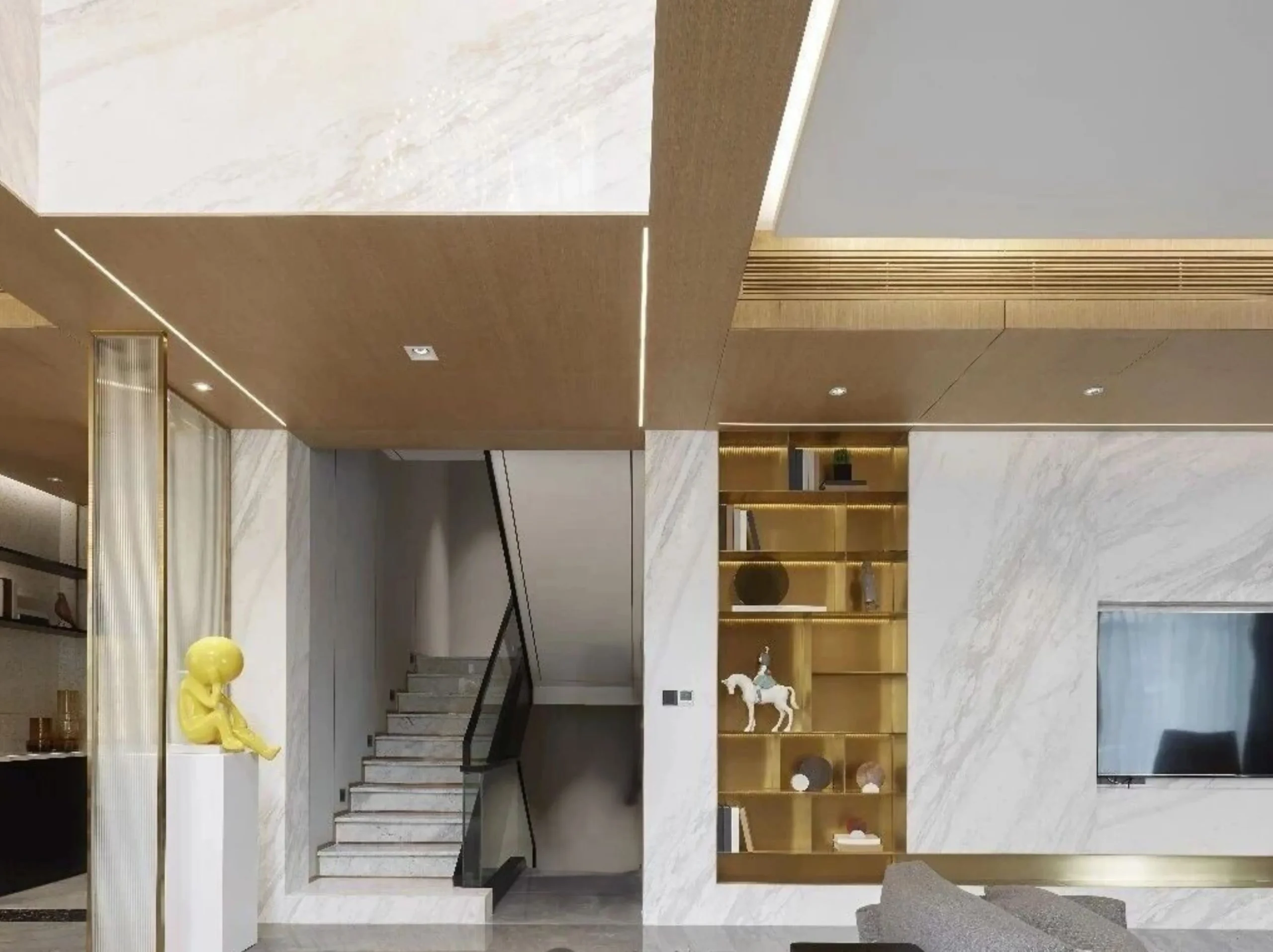 macedonian-white-marble-luxury-interior-wall-cladding.webp Macedonian White Marble wall cladding and staircase in a luxury residential interior
