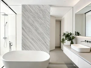 Marmi Bianco Ondulare Marble bathroom partition wall with flowing grey veins