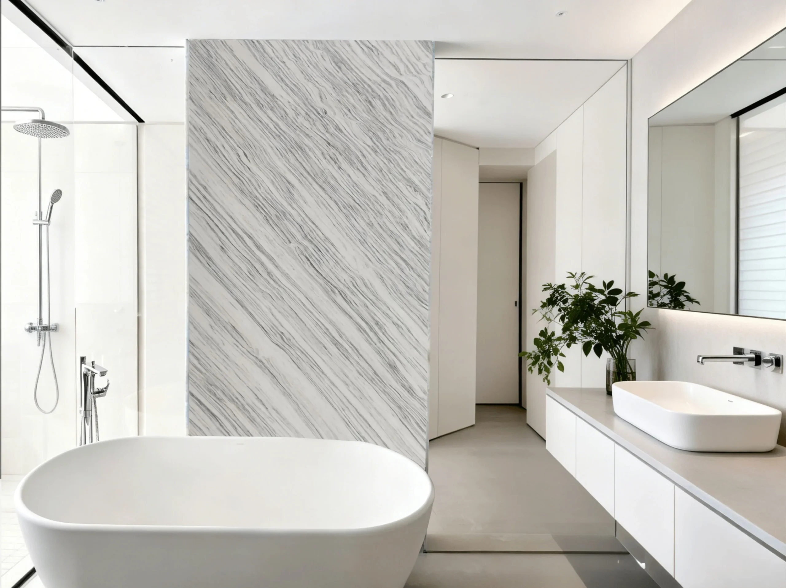 marmi-bianco-ondulare-marble-bathroom-wall.webp Marmi Bianco Ondulare Marble bathroom partition wall with flowing grey veins