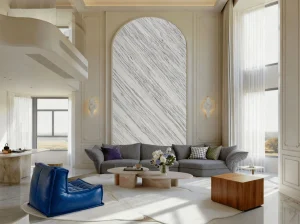 Marmi Bianco Ondulare Marble arched feature wall in a luxury living room
