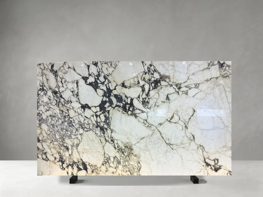 Marmi Breccia Violetta marble slab with ivory fragments and bold black veining