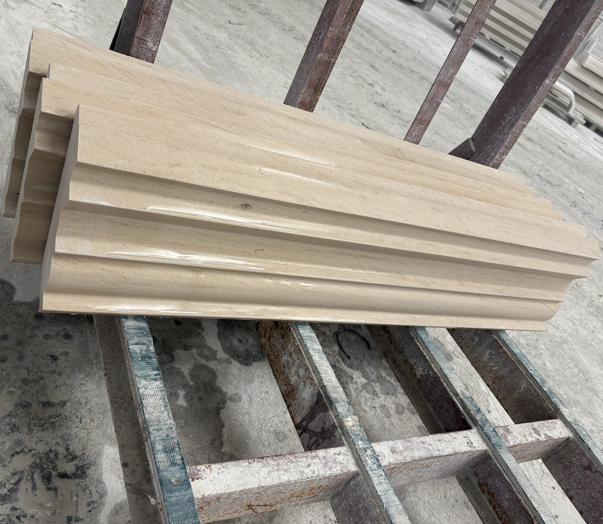 Polished Moca Cream Limestone cornice sample with custom profile