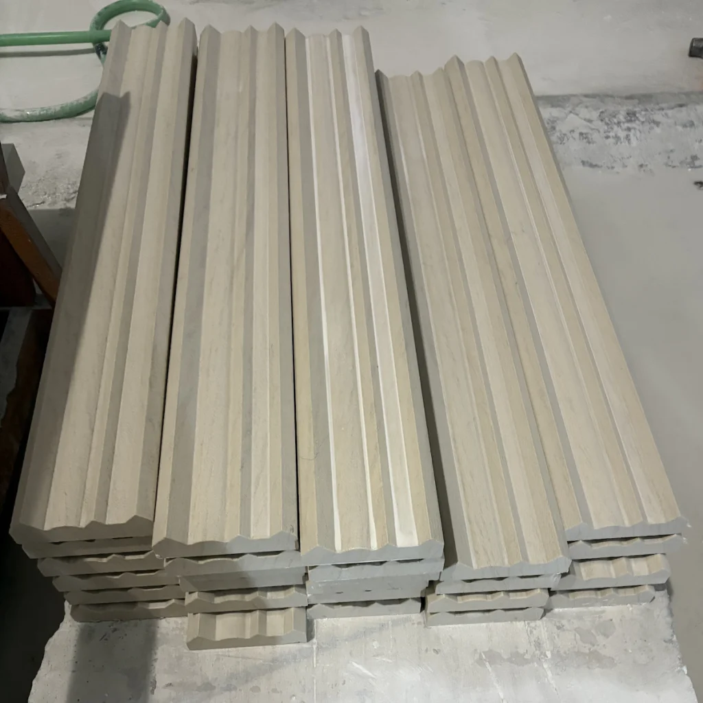 Moca Cream Limestone cornice profile details custom carved by Show Stone