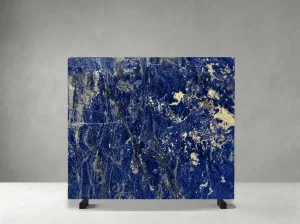 namibia blue classic sodalite granite slab with cobalt blue and warm gold mineral movement