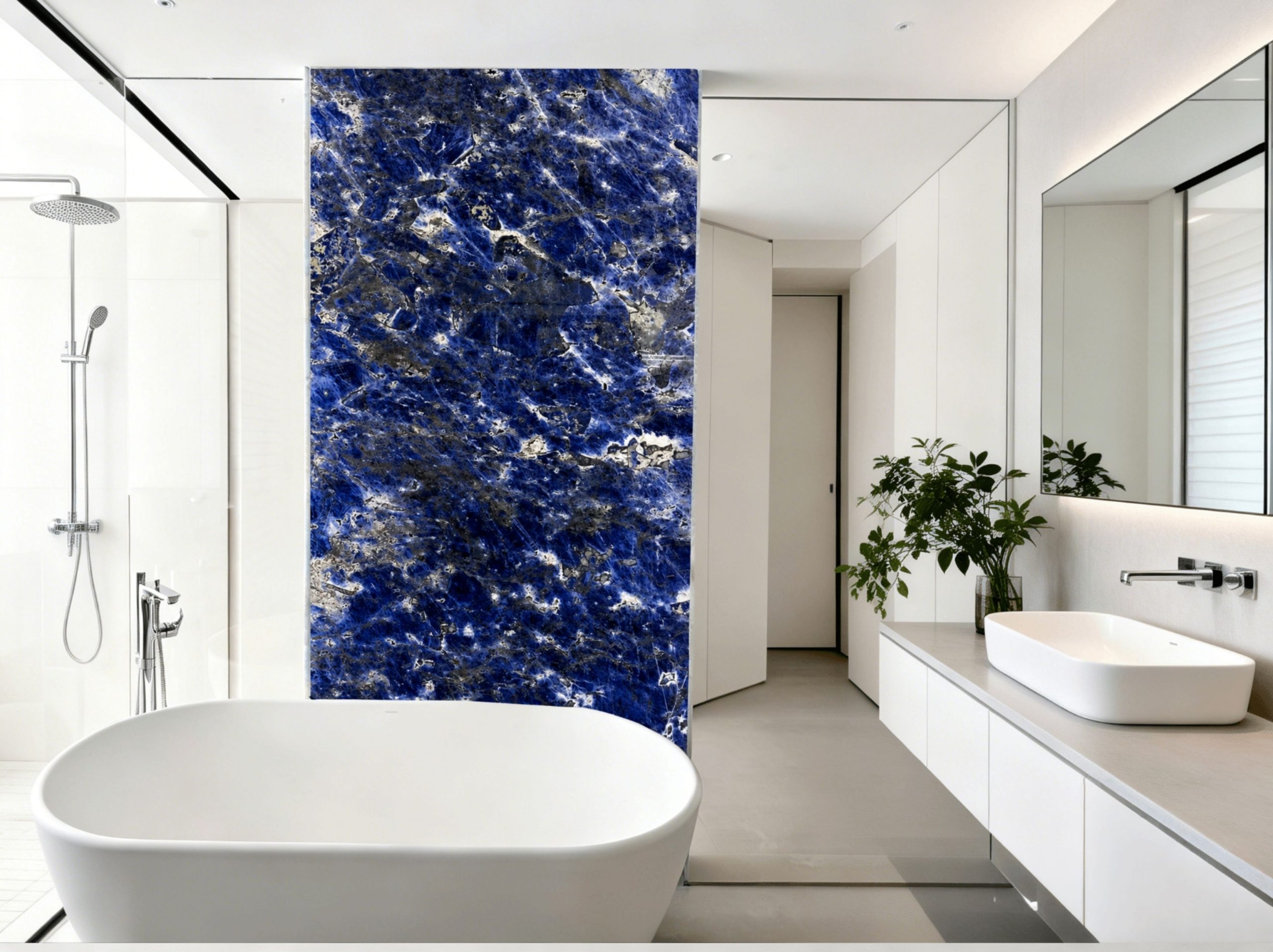 namibia-blue-sodalite-bathroom-feature-wall-02.webp namibia blue sodalite bathroom feature wall behind freestanding bathtub