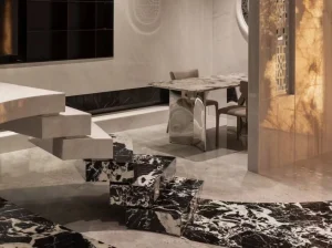 nepoleon black marble staircase and floor with deep black base and white breccia veins