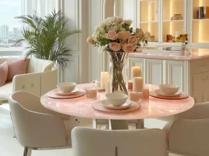 Round Onice Rosso dining table with a polished pink onyx top in a bright luxury residential interior