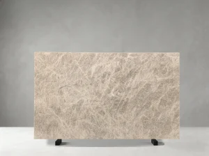 Front view of Perla Santana Quartzite slab with dense pearl-beige crystalline pattern