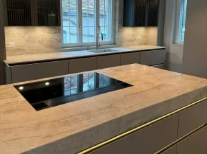 Perla Santana Quartzite kitchen island countertop with integrated cooktop