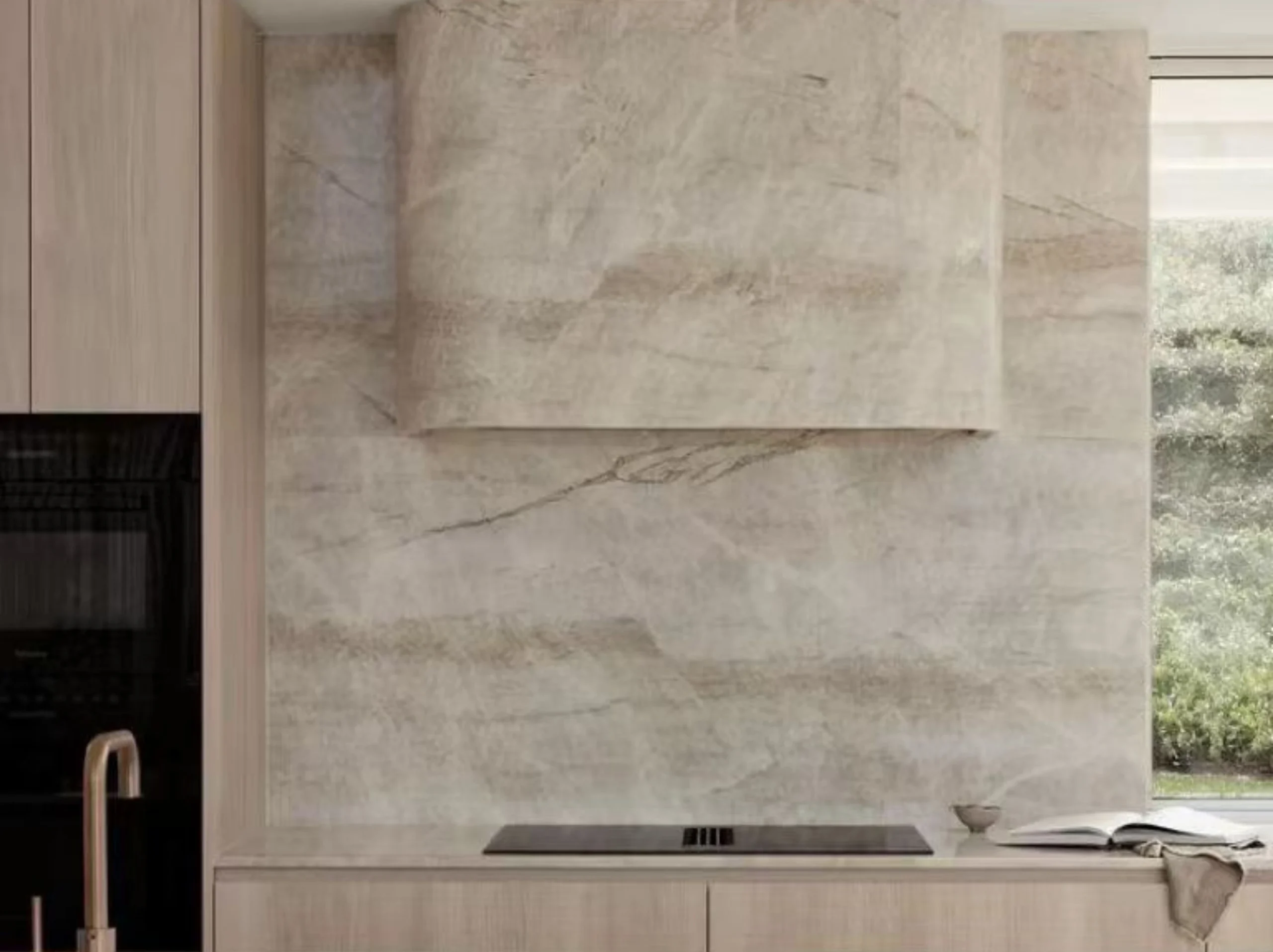 perla-santana-quartzite-kitchen-wall-cladding.webp Perla Santana Quartzite kitchen wall cladding with natural light grey crystalline movement