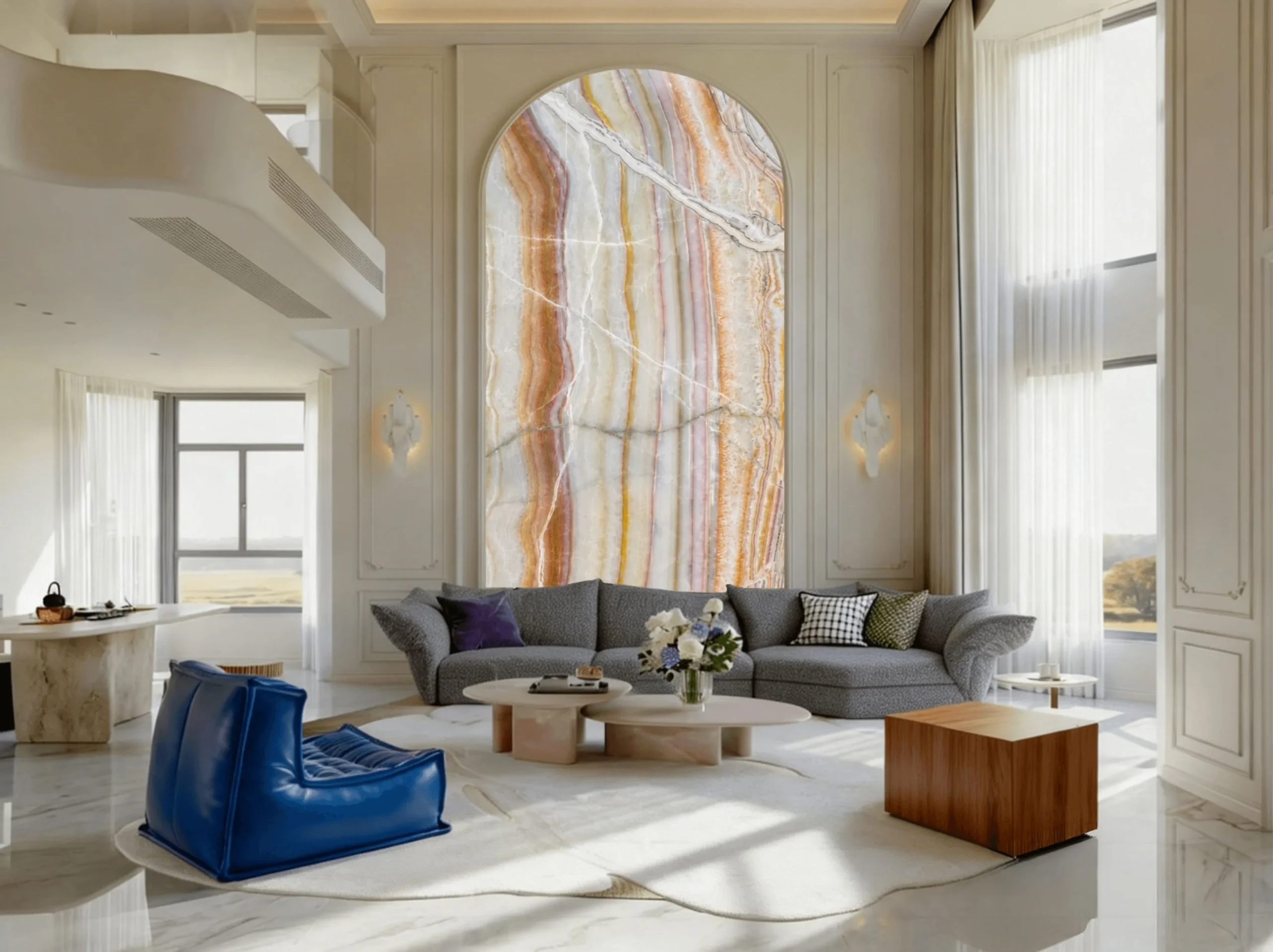 persian-rainbow-onyx-arched-feature-wall-01.webp persian rainbow onyx arched feature wall with vertical cream gold rose and grey layered bands
