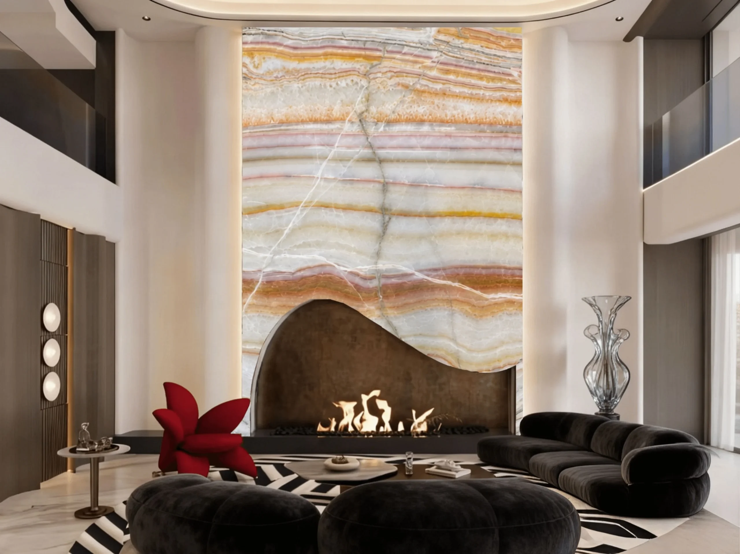 persian-rainbow-onyx-fireplace-feature-wall-02.webp persian rainbow onyx fireplace feature wall with cream gold rose and grey horizontal layered pattern