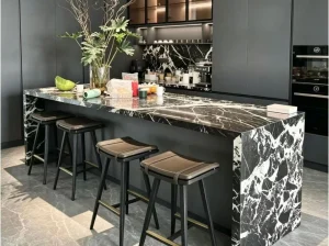 petit antique marble kitchen island and bar counter with black base and ivory white breccia veins
